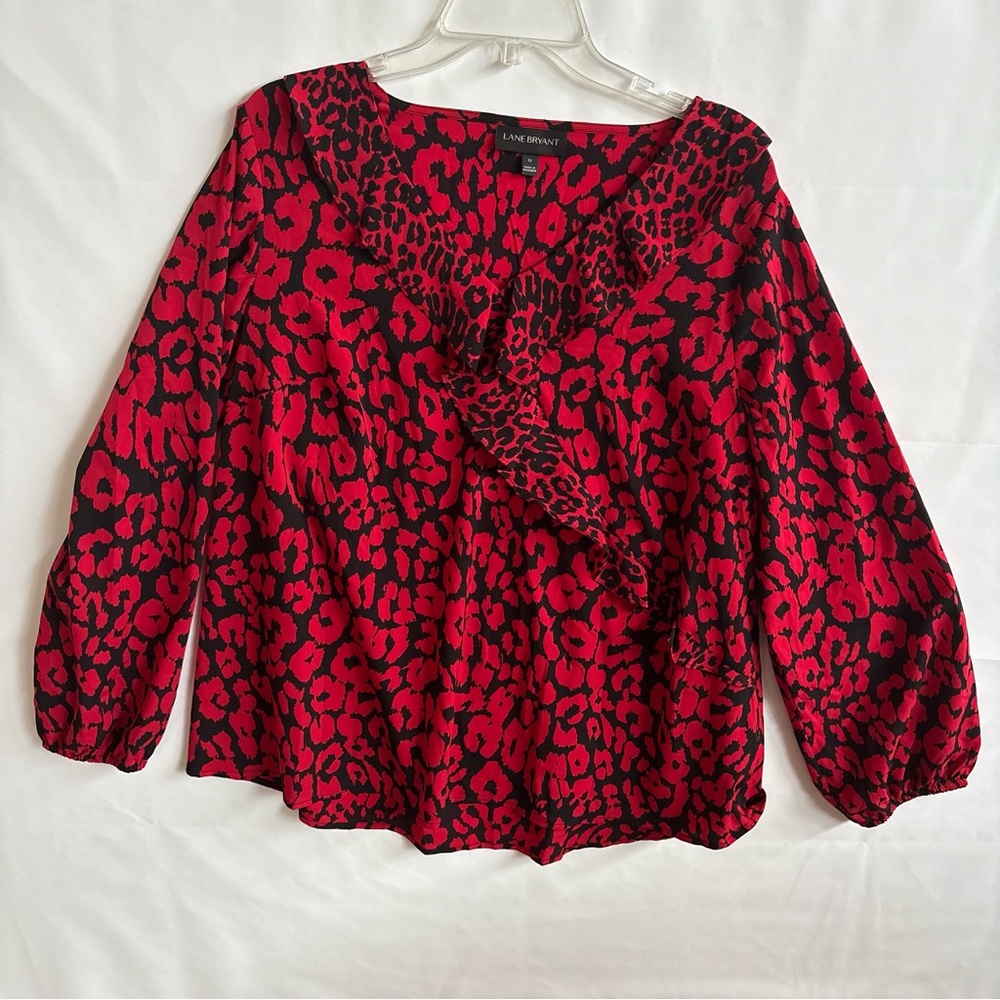 Lane Bryant Red & Black Animal Print Ruffle Blouse. Size 12. INV25/454